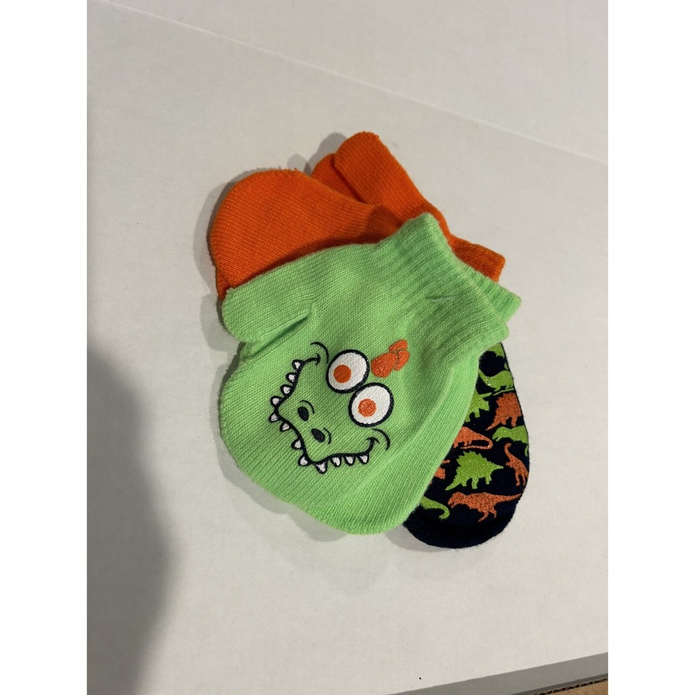 Dinosaur Mittens 3 Pair Super Cute Orange‎ Lime Green Black Toddler New! BxMM